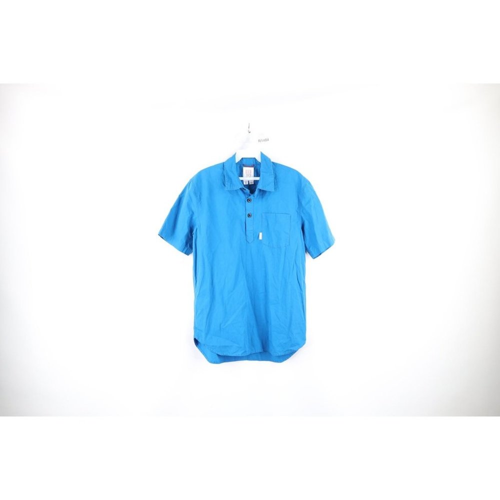Topo Designs Mens Small Spell Out Short Sleeve Collared Pullover Pocket Shirt
